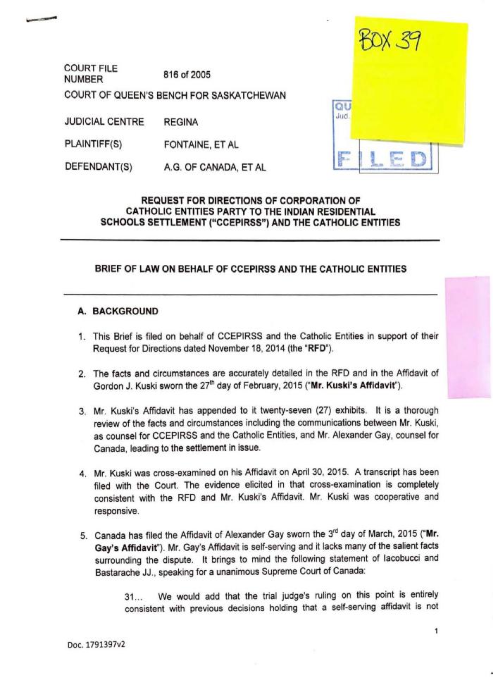 Brief of Law on Behalf of CCEPIRSS and the Catholic Entities 