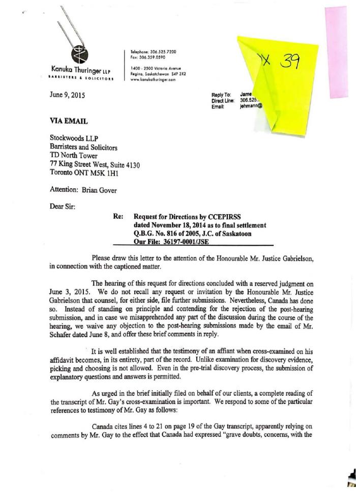 [Correspondence from James Ehmann to the Honourable Mr. Justice Gabrielson via Brian Gover]