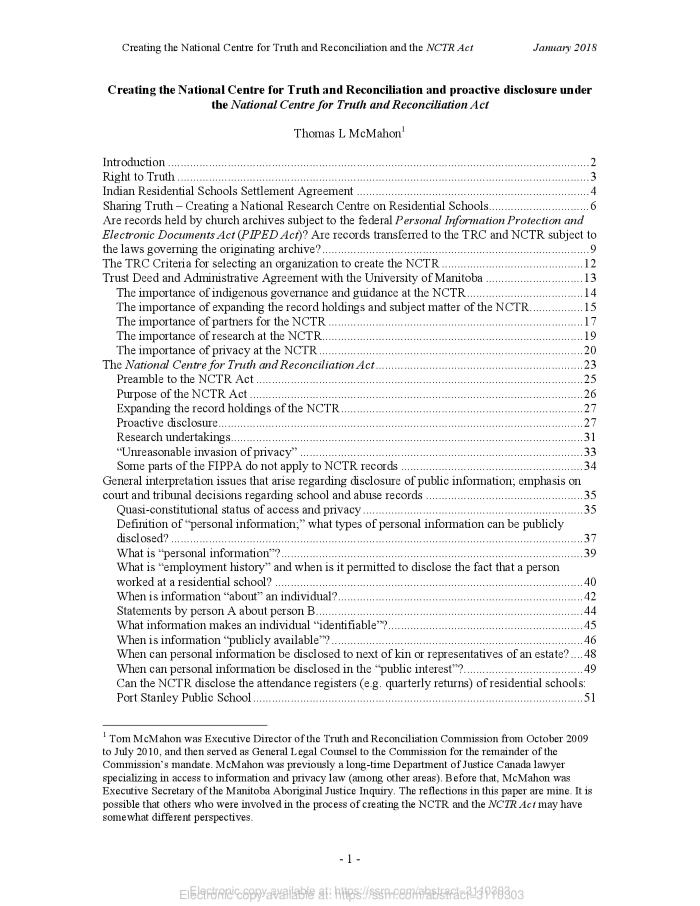 Creating the National Centre for Truth and Reconciliation and proactive disclosure under the National Centre for Truth and Reconciliation Act