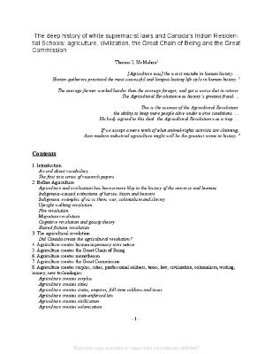 The deep history of white supremacist laws and Canada’s Indian Residential Schools : agriculture, civilization, the great chain of being and the great commission
