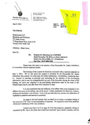 [Correspondence from James Ehmann to the Honourable Mr. Justice Gabrielson via Brian Gover]