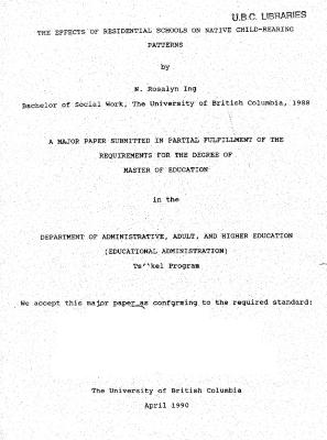 Effects of residential schools on Native child-rearing patterns 