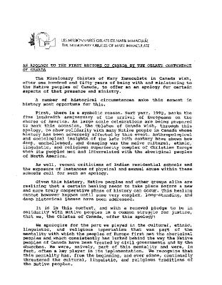 An Apology to the First Nations of Canada by the Oblate Conference of Canada