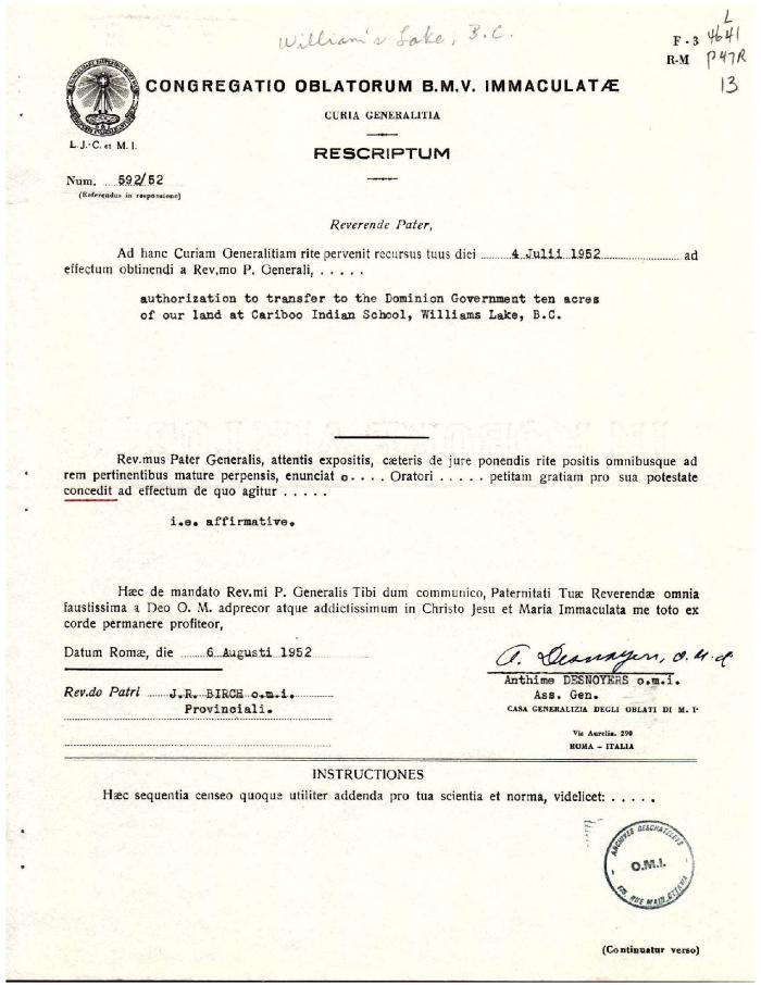 Rescript authorizing the transfer of ten acres of land to the canadian Government, 1952 — Rescrit autorisant le transfert de dix acres de terre au gouvernement canadien, 1952