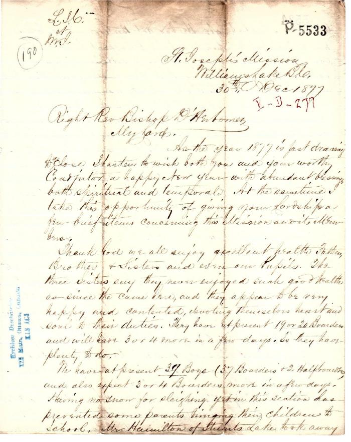 Letter to Mgr Louis D'Herbomez, o.mi. — Lettre à Mgr Louis D'Herbomez, o.mi.