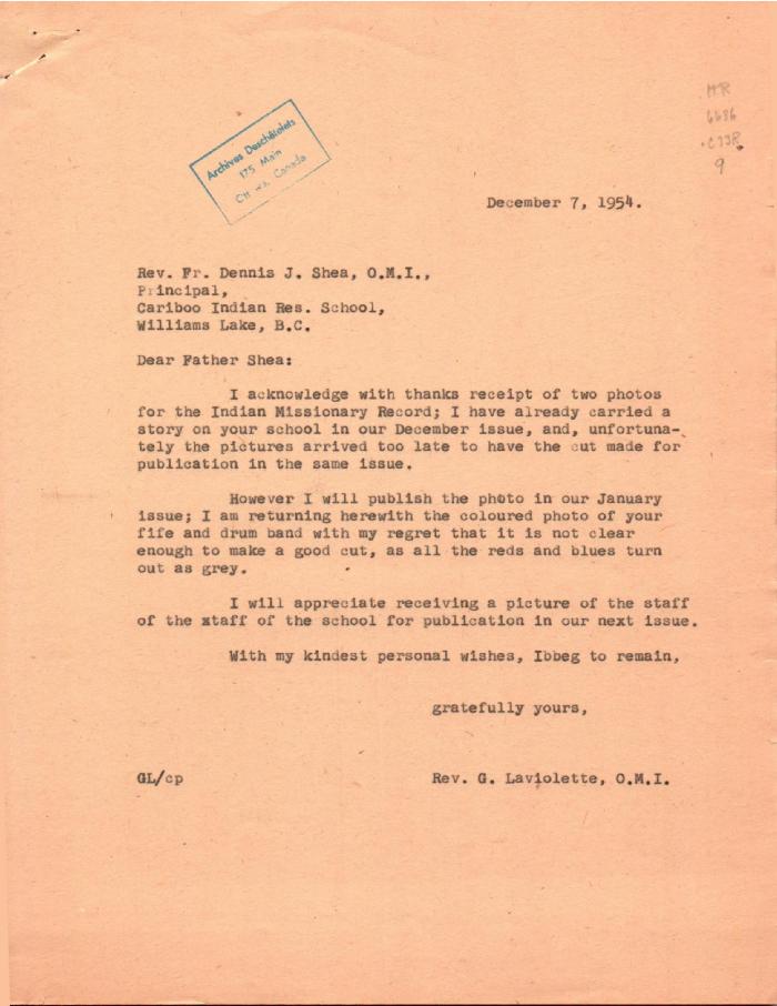 Letter to Father Dennis Shea, o.m.i., Williams Lake — Lettre au Père Dennis Shea, o.m.i., Williams Lake