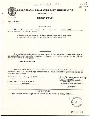 Rescript authorizing the transfer of ten acres of land to the canadian Government, 1952 — Rescrit autorisant le transfert de dix acres de terre au gouvernement canadien, 1952