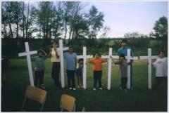 Children ready to take crosses to be placed in Wanakapew United Church -File Hills.  Terry, Cody, Diedre, Gena, Joseph, Jason, Dakota