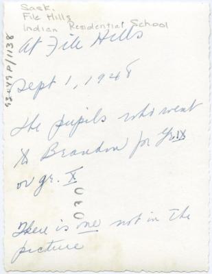 Pupils who went to Brandon for Yr. IX or Gr. X, File Hills Residential School