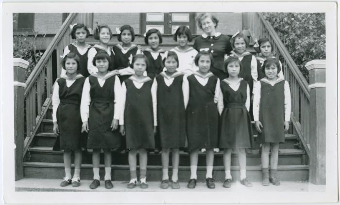[Mrs. Lachlan Mclean with some C.G.I.T. girls, File Hills Residential School, Sask.]