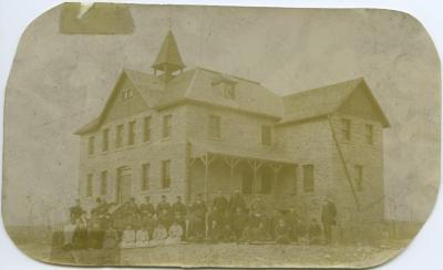 [Staff and students assembled in front of Indian Institute, Red Deer Alberta]