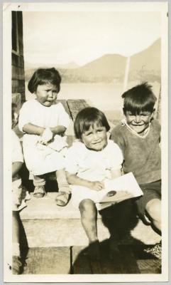 [Three children on wooden steps, Ahousaht, BC.]