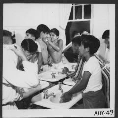 Alberni Indian Residence Alberni, B. C. Boys washing up for bed.