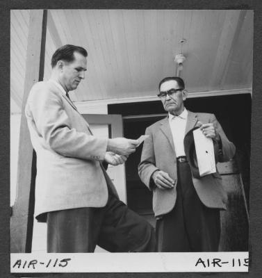 Alberni Indian Residence Alberni, B. C. Rev. Ed Kempling and Mr. Jack Peters on verandah of Friendship Centre.