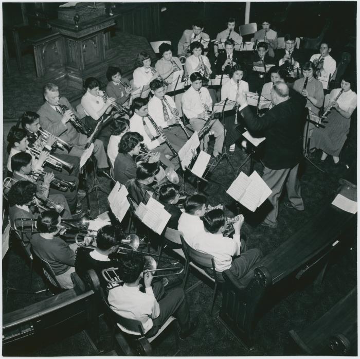At Wesley United Church 1955. Bandmaster - Mr. A. C. Robinson