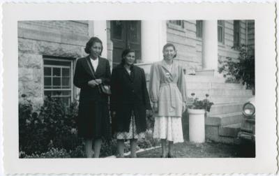 At the Homemakers Conference, Indian Res.[Residential] School, P. la P. [Portage la Prairie], August 1952, 3 Indian ladies
