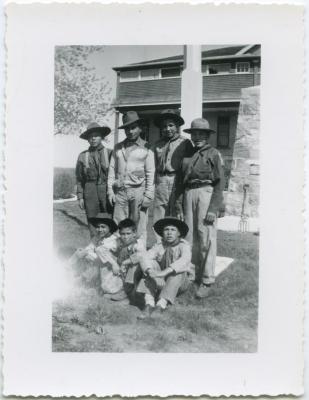 Boys' supervisor and a few of his 24 Boy Scouts, File Hills Residential School, Sask.