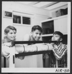 Alberni Indian Residence Alberni, B. C. Boys in boys' dormitory before bedtime.