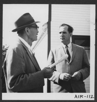 Alberni Indian Residence Alberni, B. C. The Rev. Ed Kempling talks with Mr. Jack Peters, former Chief of Ohiet tribe, outside Friendship Centre.