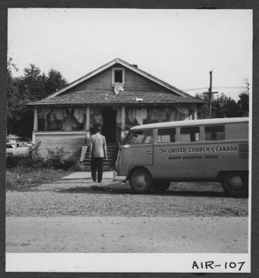 Alberni Indian Residence Alberni, B. C. Rev. F. E. (Ed) Kempling, goes to visit Mr. Ambrose Howard, an Indian carver.