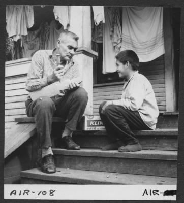 Alberni Indian Residence Alberni, B. C. Rev. F. E. (Ed) Kempling, visiting with Mr. Ambrose Howard, an Indian carver.