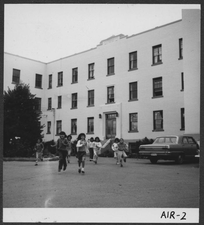 Alberni Indian Residence Alberni, B. C. Children crossing road in front of residence.