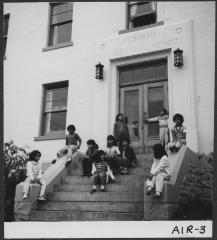 Alberni Indian Residence Alberni, B. C. Children sitting on front steps of residence.