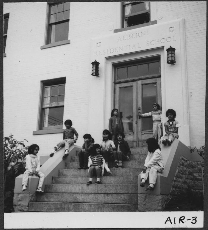 Alberni Indian Residence Alberni, B. C. Children sitting on front steps of residence.