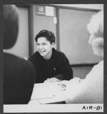 Alberni Indian Residence Alberni, B. C. Indian boy participating in discussion at E. J. Dunn School in Port Alberni.