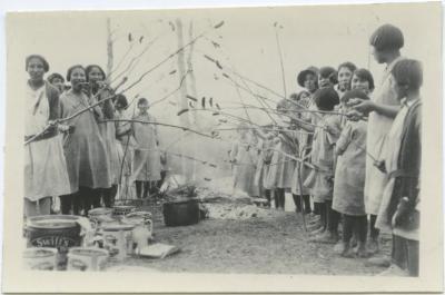 Girls at a wiener roast, Indian Residential School, Edmonton Alta.