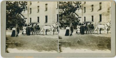 Horse and carriage in front of the Mount Elgin Indian Industrial Institute, Muncey