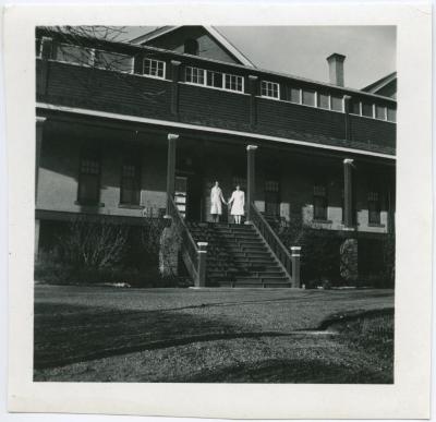 File Hills Residential School with Miss Staples and Miss Baird on the steps