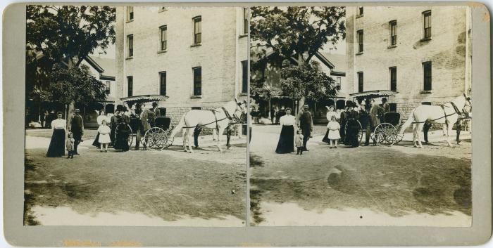 Horse and carriage in front of the Mount Elgin Indian Industrial Institute, Muncey