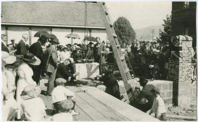 Duncan C. Scott, Deputy Superintendent General of Indian Affairs, laying cornerstone, new Coqualeetza, Sardis, B.C.