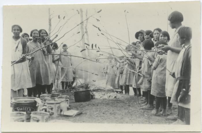Girls at a wiener roast, Indian Residential School, Edmonton Alta.