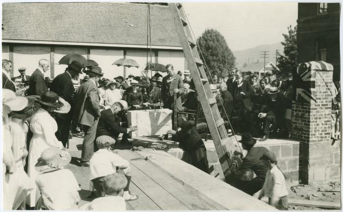 Duncan C. Scott, Deputy Superintendent General of Indian Affairs, laying cornerstone, new Coqualeetza, Sardis, B.C.