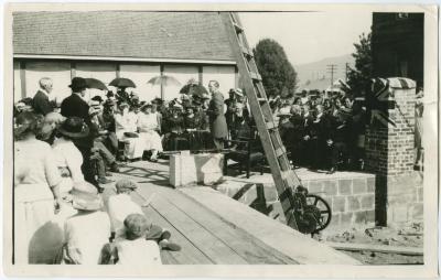 Duncan C. Scott, Deputy Superintendent General of Indian Affairs, laying cornerstone, new Coqualeetza, Sardis, B.C.