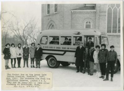 Church bus on the Round Lake Indian mission, Grenfell, Sask. : the students are from the Sintaluta Reseve, grades 7 &amp; 8 : they are on their way to join other students at Broadview, Sask.
