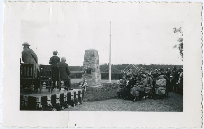 Mrs. G.H. Bennie, President of Saskatchewan Conference Branch, W.M.S., unveiling the cairn to commemorate 50 years of Christian service among the Indians at File Hills