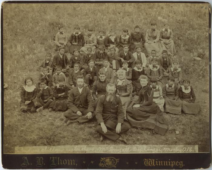 Rev. John McDougall, Indian children, and teachers, McDougall Orphanage, Morley, Alta.