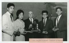 John Day, Virginia Williams, (Mr. H. Nield Supt.[Superintendent]), Nelson McKay, Tim Wasicuna, Skip. Inter residence Curling champions 1964, Portage Indian Residential School
