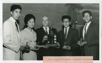 John Day, Virginia Williams, (Mr. H. Nield Supt.[Superintendent]), Nelson McKay, Tim Wasicuna, Skip. Inter residence Curling champions 1964, Portage Indian Residential School