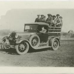 Our baseball team starting for Edmonton in the school truck to play city school team, Indian Residential School, Edmonton, Alta.