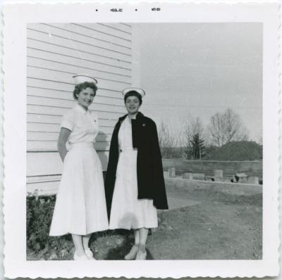 Joy Dent, Barbara Williamson. Bonnyville, May 1958.