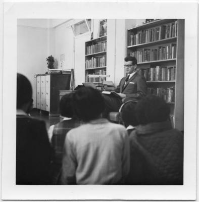 Story hour, Alberni Indian Residential School : Keith Johnson, vice-principal reading to a class