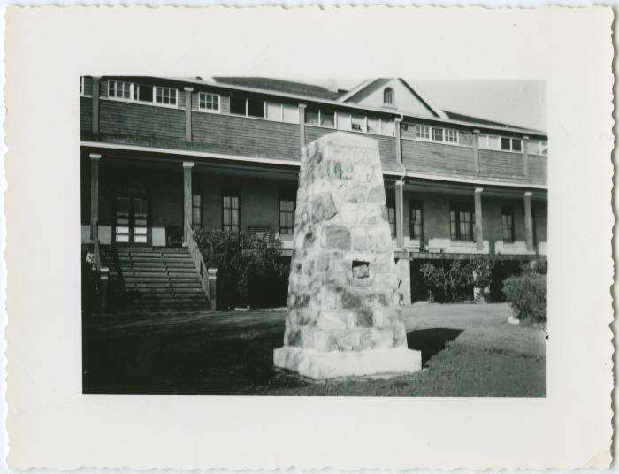 The cairn at File Hills Residential School erected June 1939 by the W.M.S. to commemorate 50 years of Christian service among the Indians at File Hills