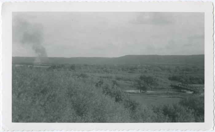 Road leading from the school across the bridge to the Reserve, Round Lake Sask.