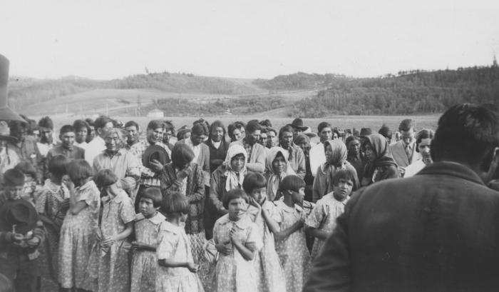 School children during visit by Governor General Lord Tweedsmuir, Indian Residential School and United Church, Morley, Alberta