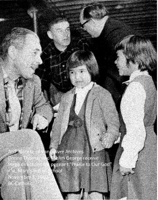 Donna Thomas and Evelyn George receive stage directions for pageant "Praise to Our God" - St. Mary's Indian School