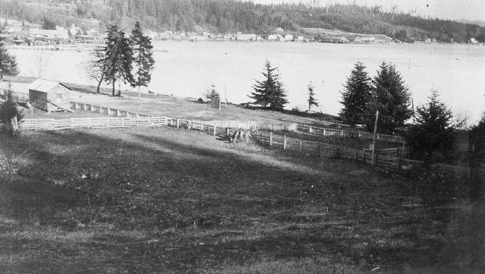 Alert Bay from behind Boy's School - Principal's shed and part of orchard in foreground